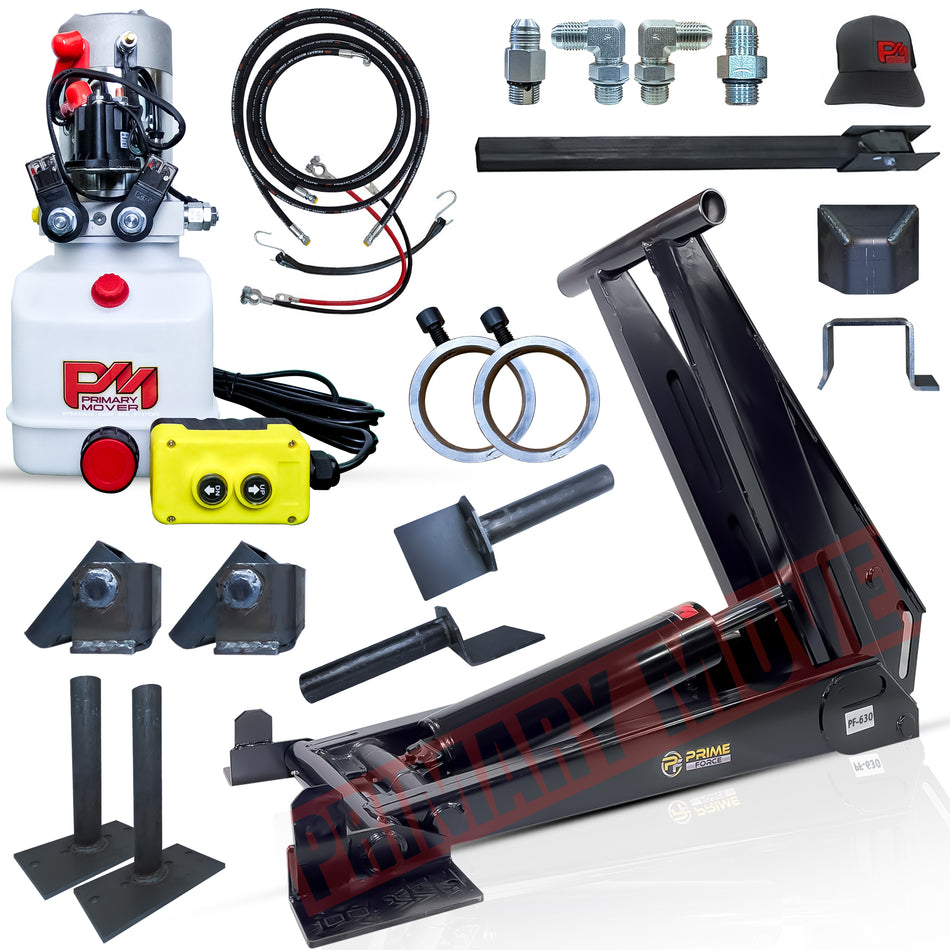 14 Ton HD Hydraulic Scissor Hoist Kit PF-630 for 18-24' dump trailers, featuring a robust cylinder, heavy-duty frame, and HD hinges for extreme lifting power.