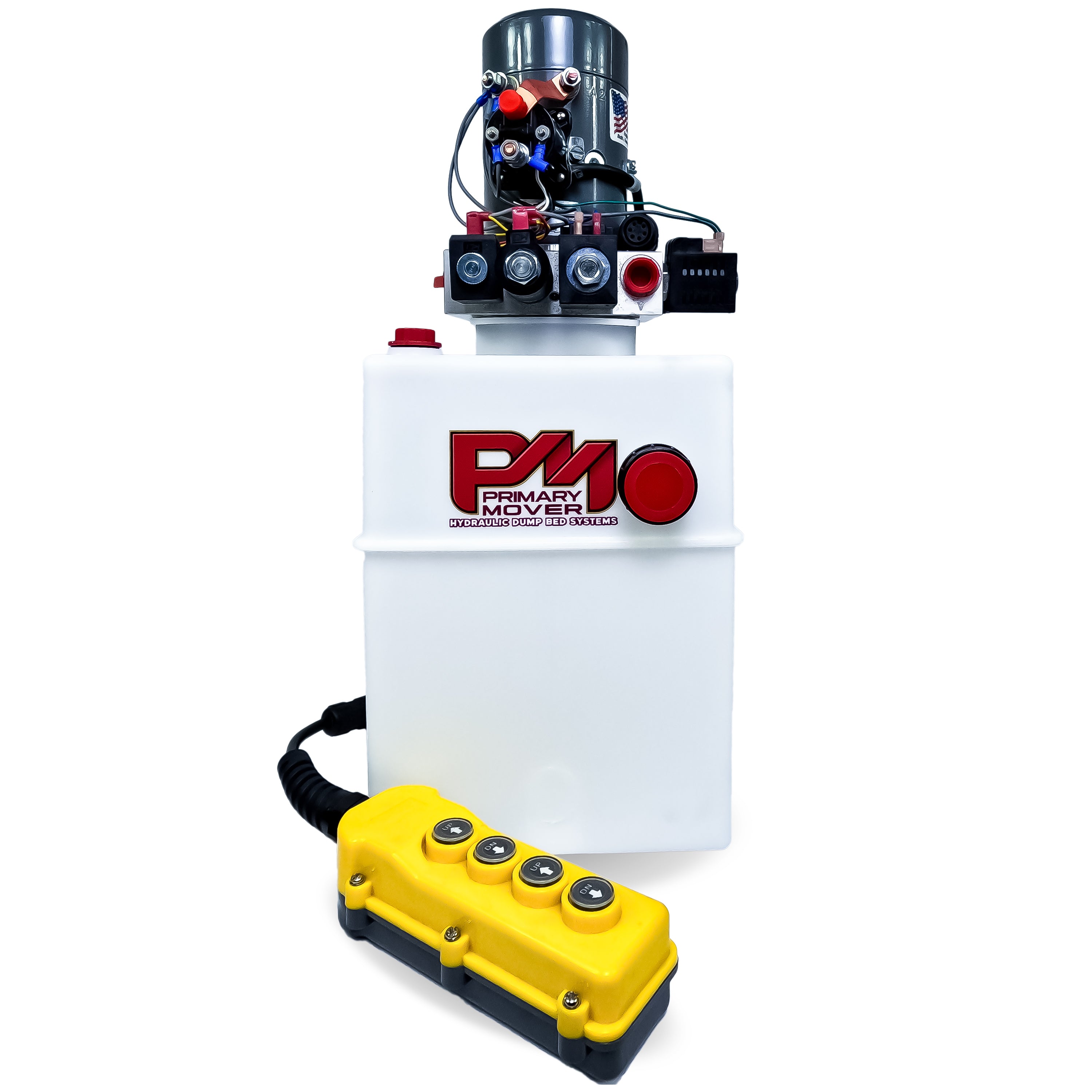 KTI 12Vdc Single Double Hydraulic Power Unit featuring a white container, yellow handle, black cord, and red text, designed for versatile hydraulic applications.