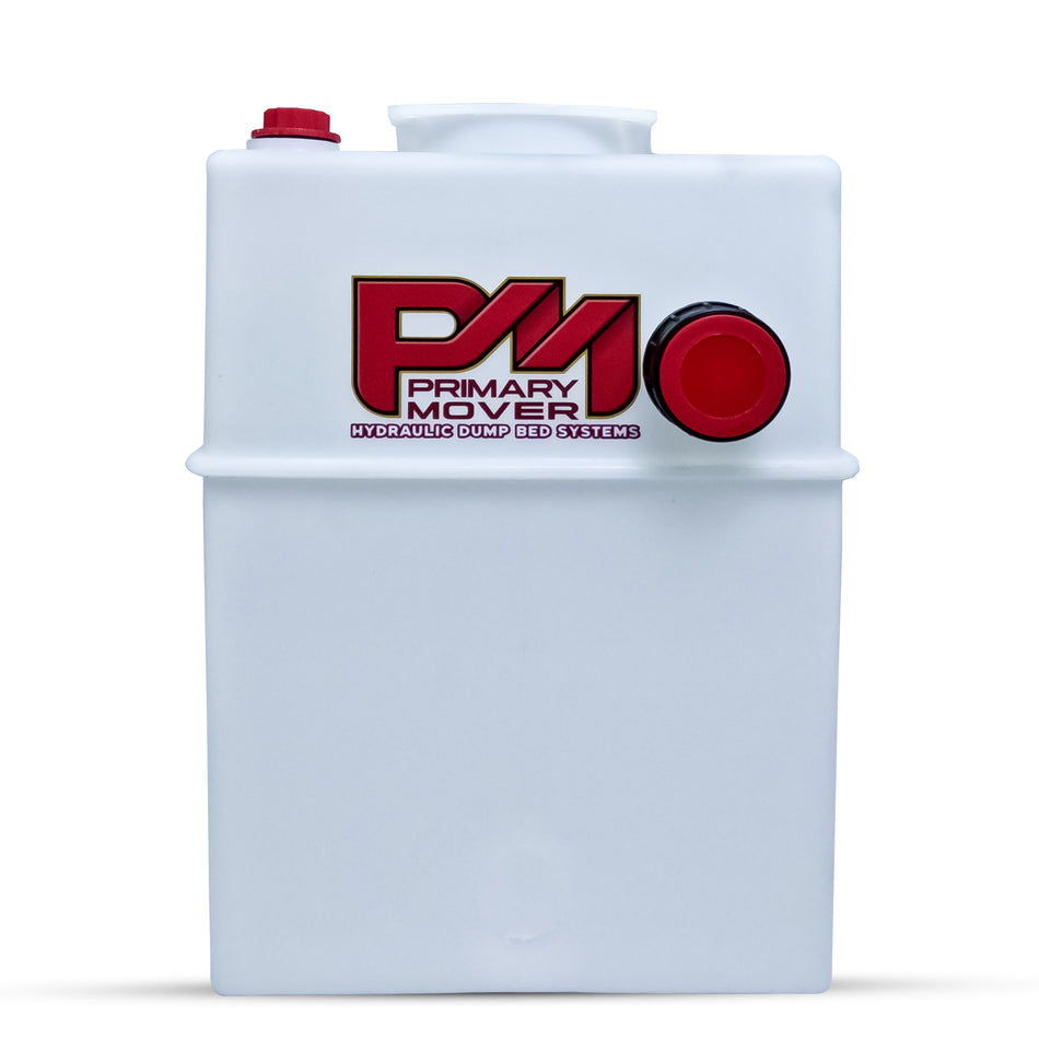 12Vdc Hydraulic Power Unit Replacement Reservoir 13 Quart Poly (Square) with red caps and text, featuring a close-up of the brand logo.