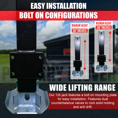 12k Single Hydraulic Trailer Jack Add-On Kit Weld On or Bolt On, featuring a robust hydraulic system, zinc-plated components, and load holding valve for superior stability and durability.