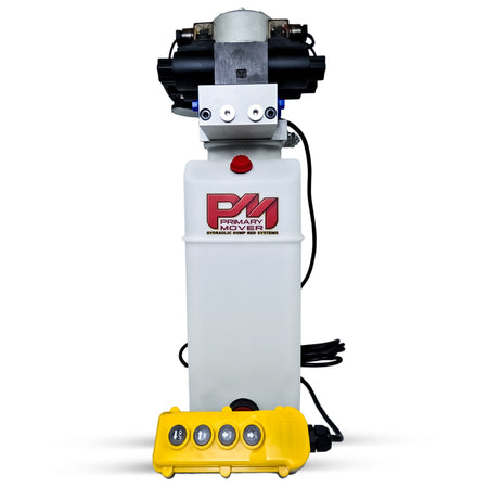 Primary Mover 12V Dual Double-Acting Hydraulic Power Unit: Compact, versatile machine with dual double configuration for four hydraulic actions. Built for dump trailers and trucks.