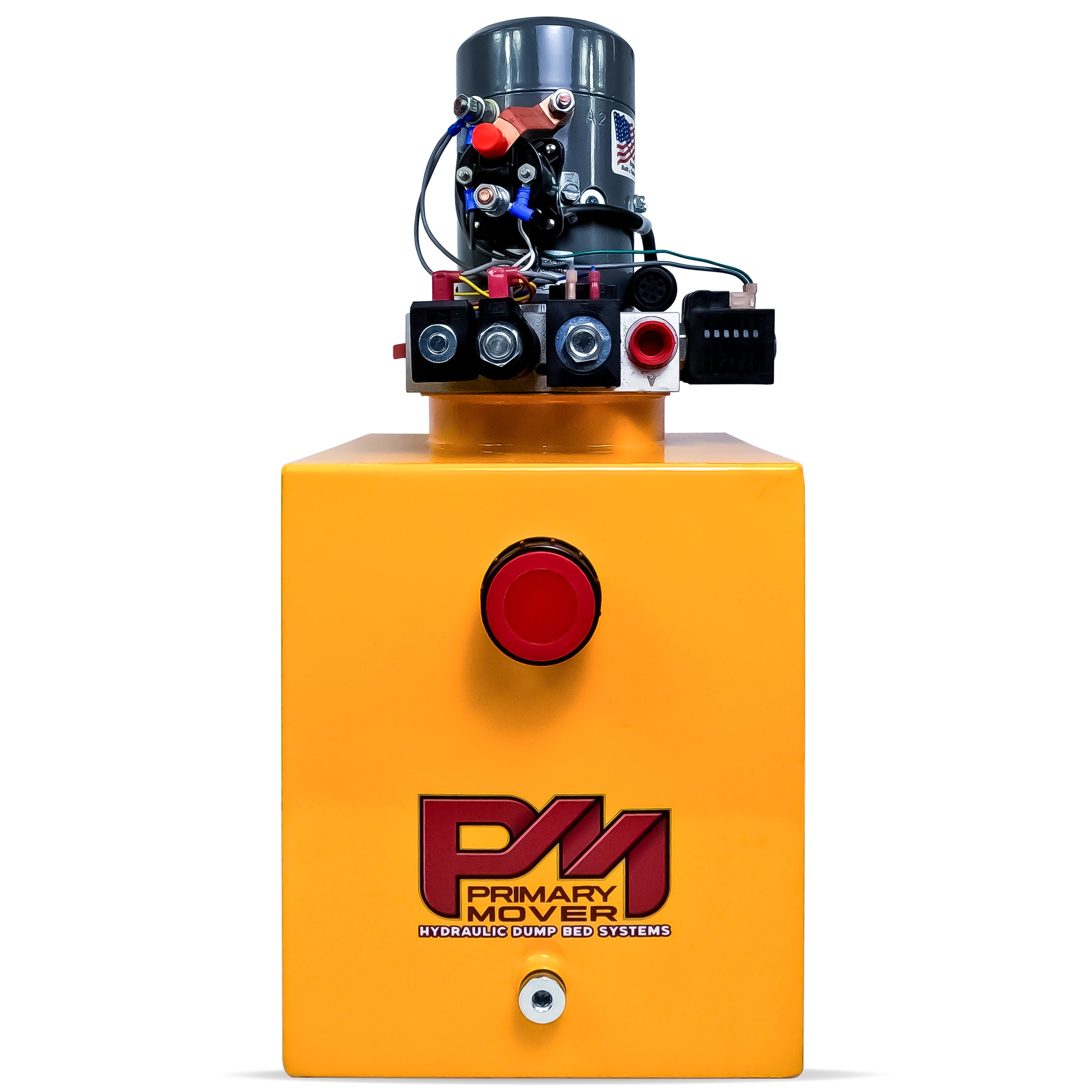 KTI 12Vdc Single/Double Hydraulic Power Unit featuring a yellow casing with a red button, designed for versatile hydraulic applications in single-acting dump trailers.