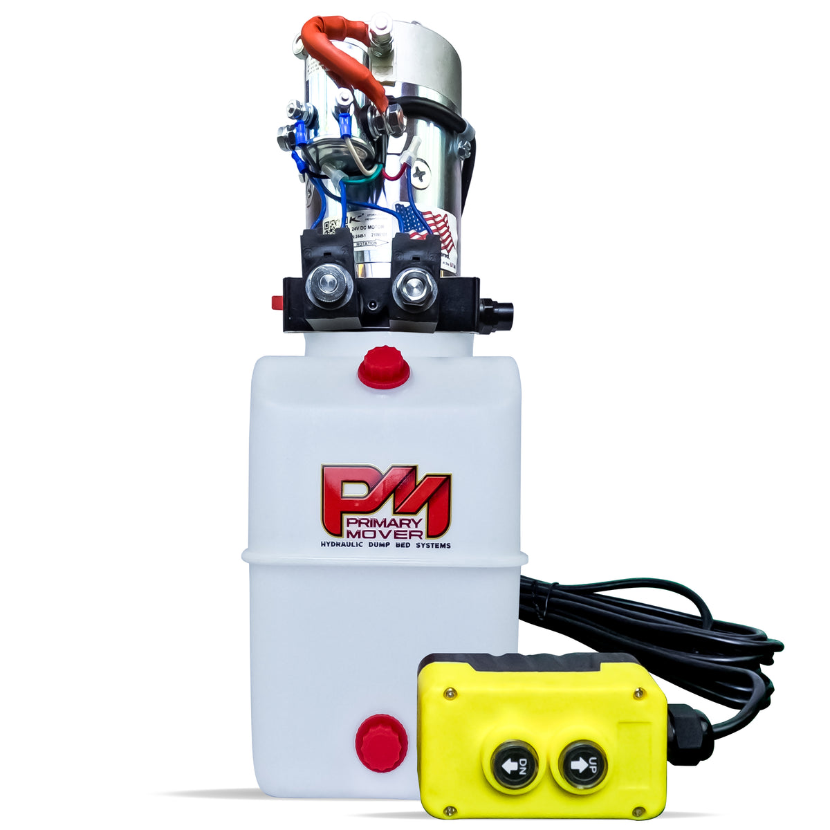 KTI 24Vdc Double Acting Hydraulic Power Unit with poly reservoirs, featuring a white plastic container, red buttons, and a yellow button, suitable for heavy-duty hydraulic applications.