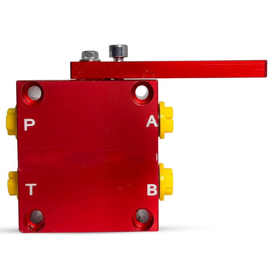 X-Block Hydraulic Adapter for Single-Acting Pumps, featuring a compact, mechanical design ideal for enhancing hydraulic system functionality and dual-circuit operation.