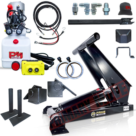 11 Ton Hydraulic Scissor Hoist Kit PF-616-6 with durable metal parts, black handle, yellow control panel, and integrated bottom mounts for 12-16' dump trailers.