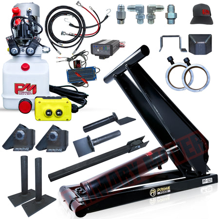 10 Ton Hydraulic Scissor Hoist Kit PF-520 with cylinder, mounting brackets, and hydraulic components, ideal for 12-16' dump trailers. Includes solar panel and charger.