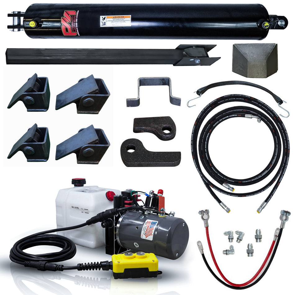 Single 5 x 30 Cylinder Direct Push Lift Kit | PFK-530-DP shown with hydraulic cylinder, power unit, cables, and connectors for trailer lift installation.