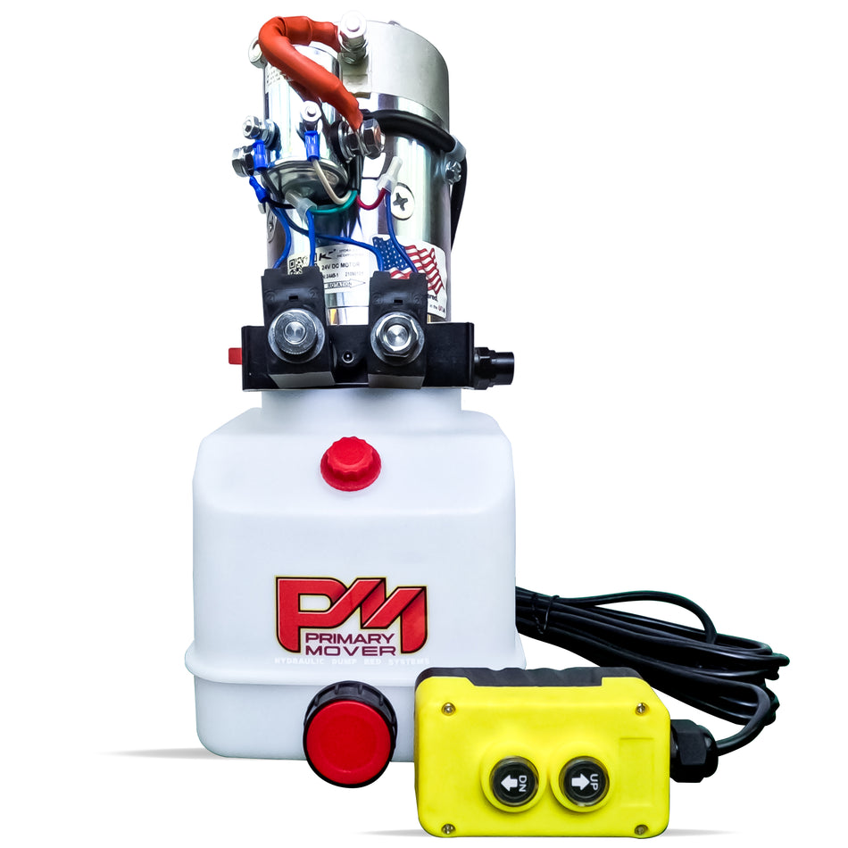 KTI 24Vdc Double Acting Hydraulic Power Unit with poly reservoirs, red buttons, and a yellow switch, designed for dump trucks and 24-volt military applications.