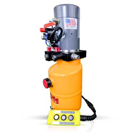 KTI 12V Double-Acting Hydraulic Pump with a steel reservoir, featuring a yellow and grey cylinder with a red button, black wires, and a compact design.