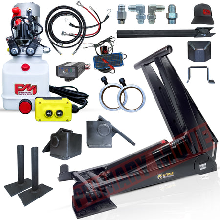 14 Ton HD Hydraulic Scissor Hoist Kit PF-630 featuring robust cylinder, metal rings, and a solar panel, ideal for 18-24' dump trailers.