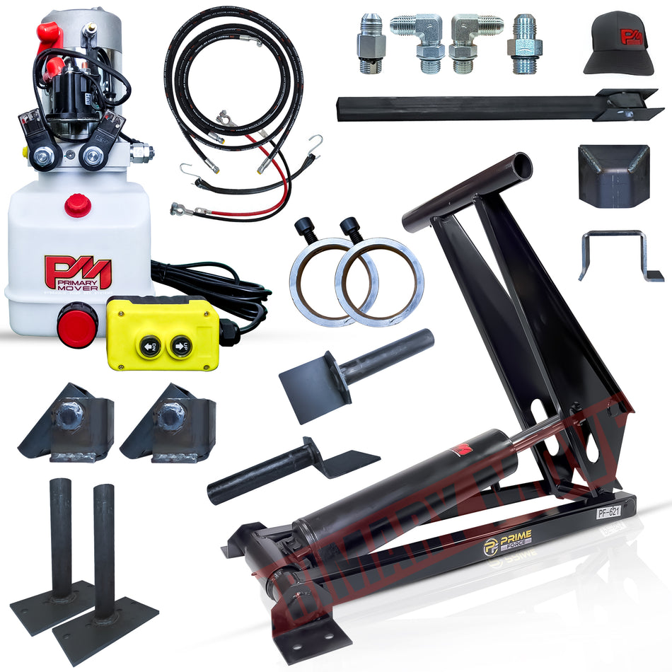 12 Ton Hydraulic Scissor Hoist Kit PF-621-6, featuring robust metal parts, hydraulic components, and a black machine, ideal for 16-20' dump trailers.