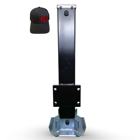 12k Hydraulic Trailer Jack Weld On with a black metal post, red logo, and zinc-plated inner sleeve, featuring a powerful hydraulic system for 12,000-pound lifting.