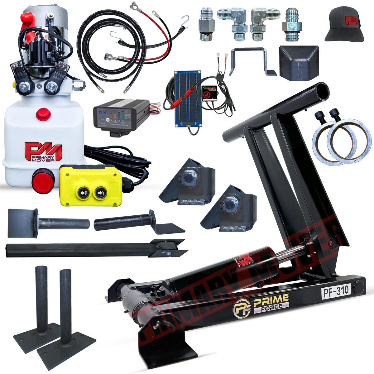 3 Ton Hydraulic Scissor Hoist Kit - PF-310 featuring durable hoist components, cylinder, and hydraulic hose, designed for 8-10' dump trailers or utility truck beds.