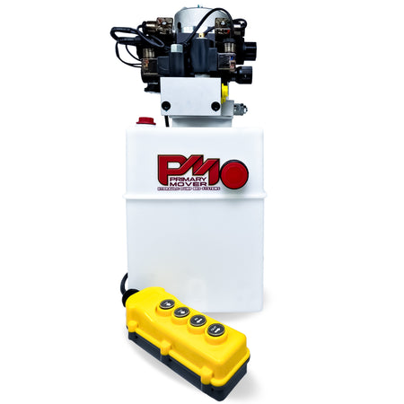 Primary Mover 12Vdc Single Double Pump featuring a white machine with a yellow button, designed for versatile single-acting and dual-acting hydraulic applications.