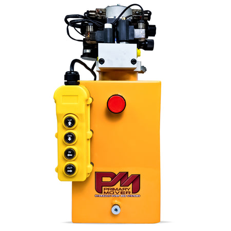 Primary Mover 12Vdc Single Double Pump features a yellow control panel with buttons, switches, and a prominent red button for versatile hydraulic applications.