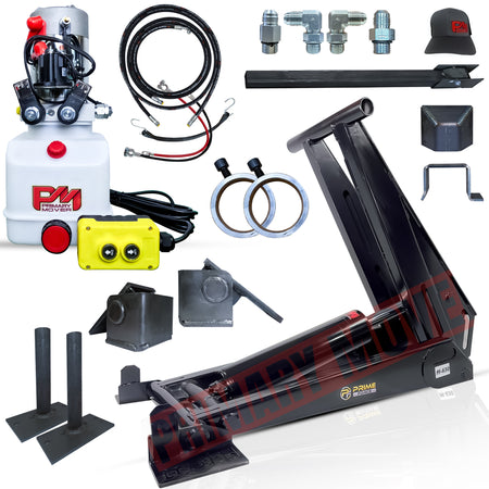 14 Ton HD Hydraulic Scissor Hoist Kit PF-630, showcasing metal components, hydraulic cylinder, and connectors, designed for 18-24' dump trailers, ensuring extreme lifting power and durability.