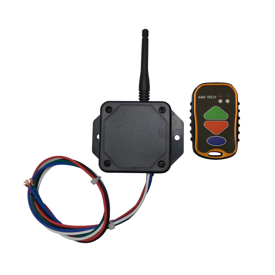 Kar-Tech Wireless Remote System, featuring a black square device with an antenna and wires, designed for controlling hydraulic pumps from up to 300 feet away.