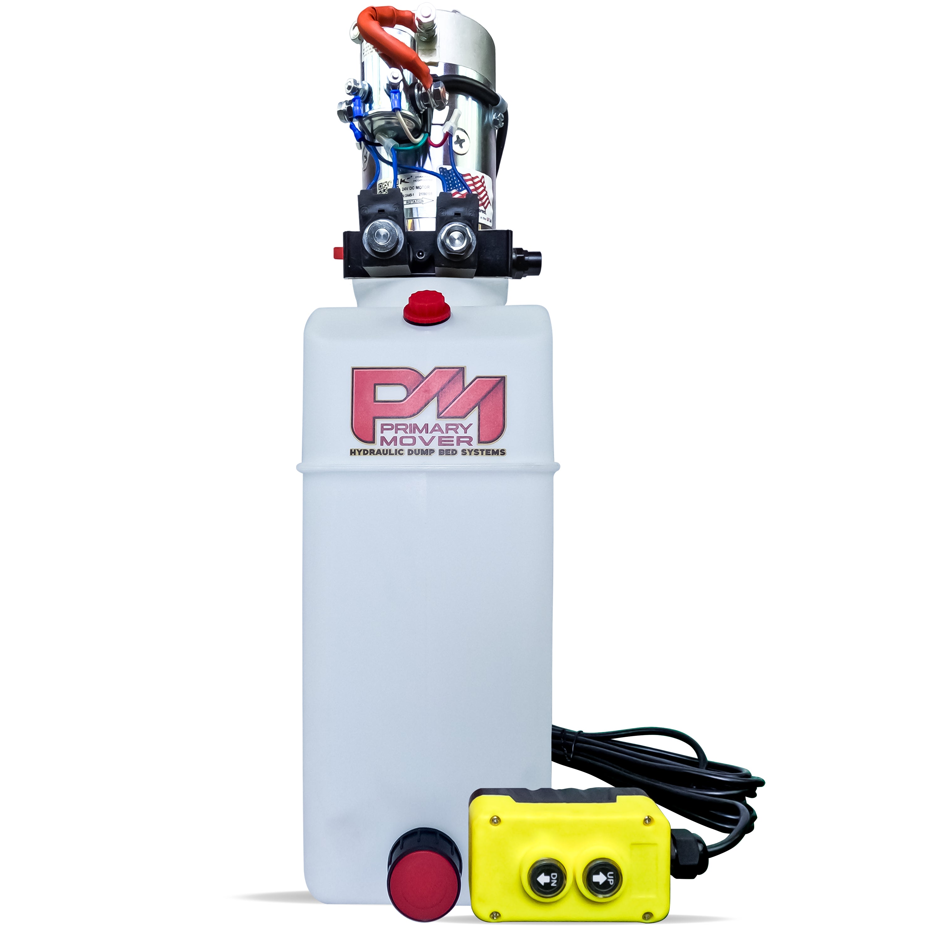 KTI 24Vdc Double Acting Hydraulic Power Unit with a white plastic container, wires, and a red button, designed for heavy-duty hydraulic applications.