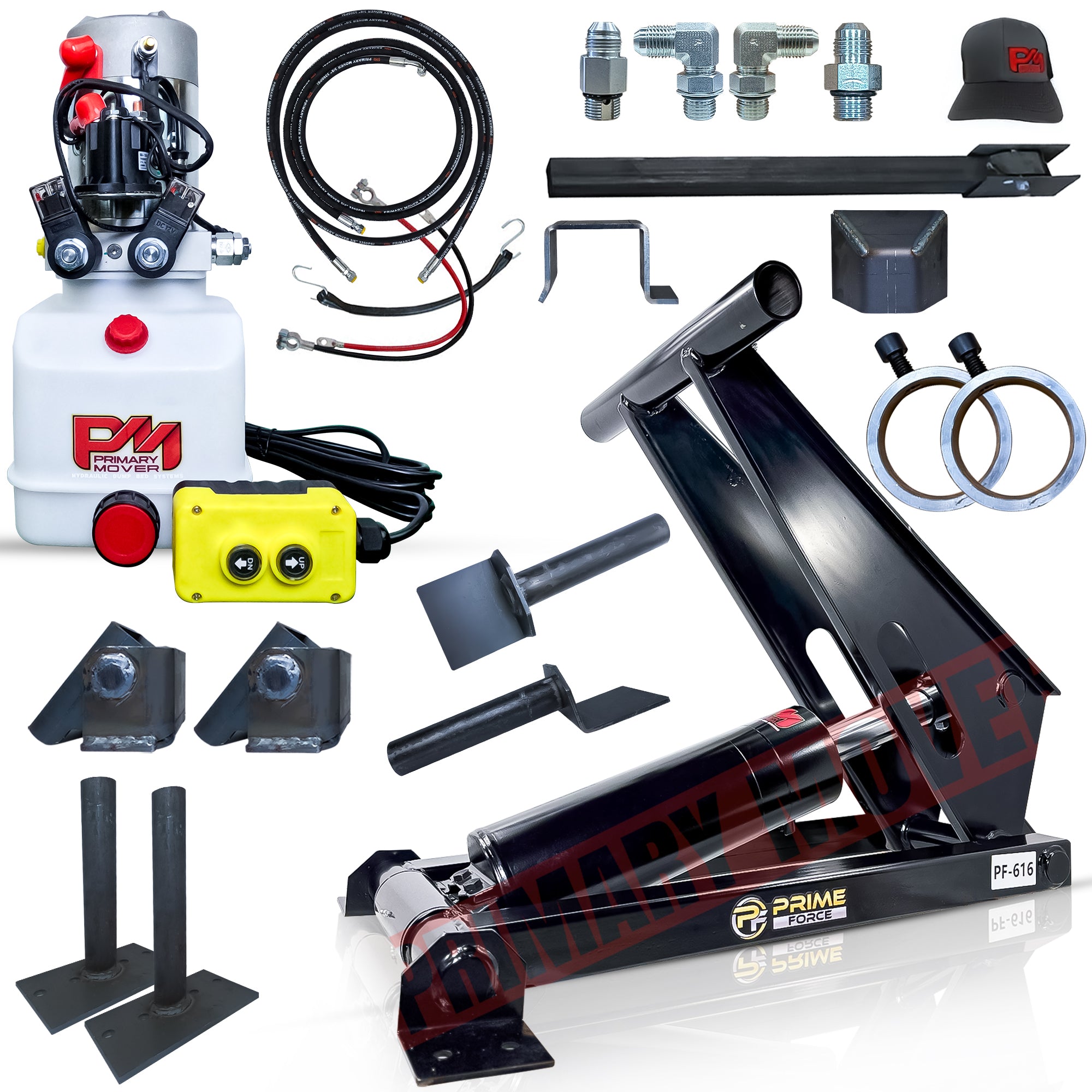 Collage showing the 11 Ton Hydraulic Scissor Hoist Kit PF-616-6, highlighting components like the cylinder, HD Hinges, hydraulic hose, and mounting brackets for 12-16' dump trailers.