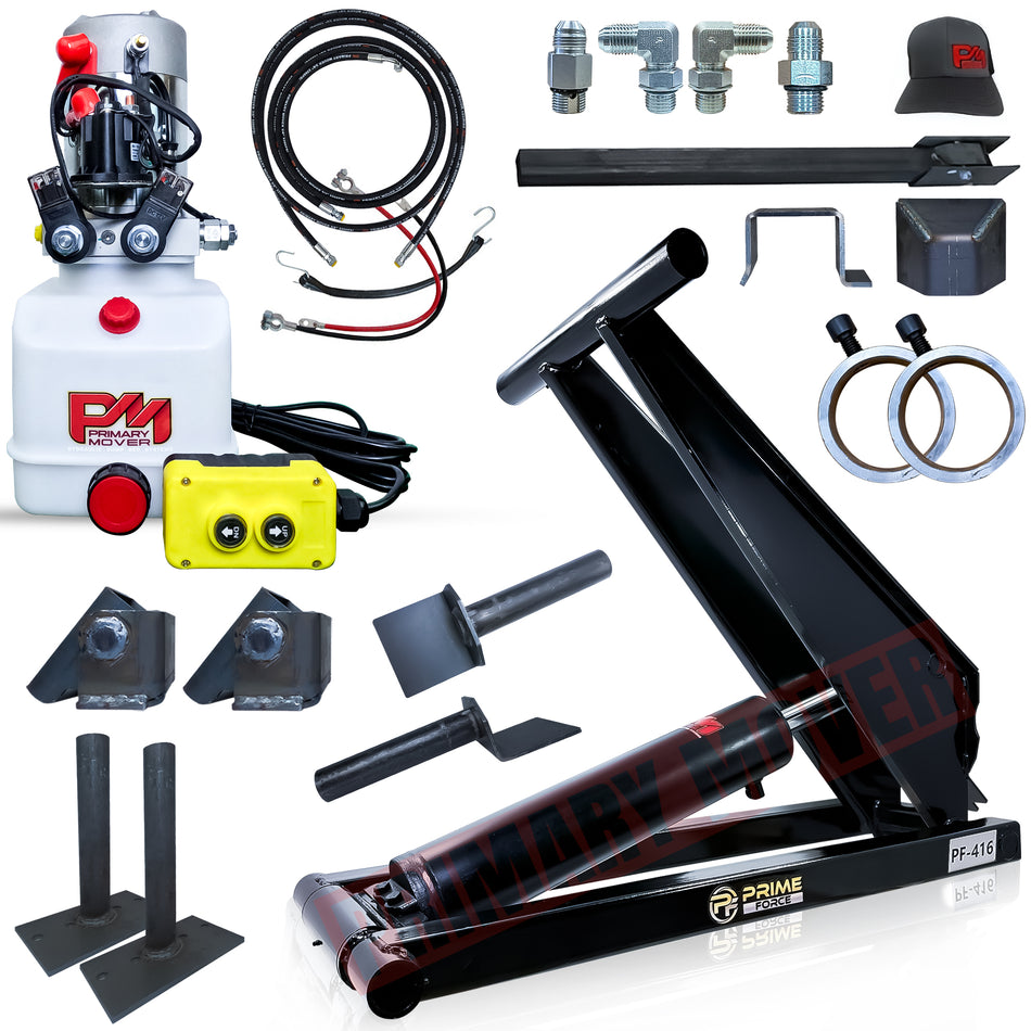 6 Ton Hydraulic Scissor Hoist Kit PF-416, featuring a black machine with metal parts, cylinder, and hydraulic hose, designed for 10-14' dump trailers.