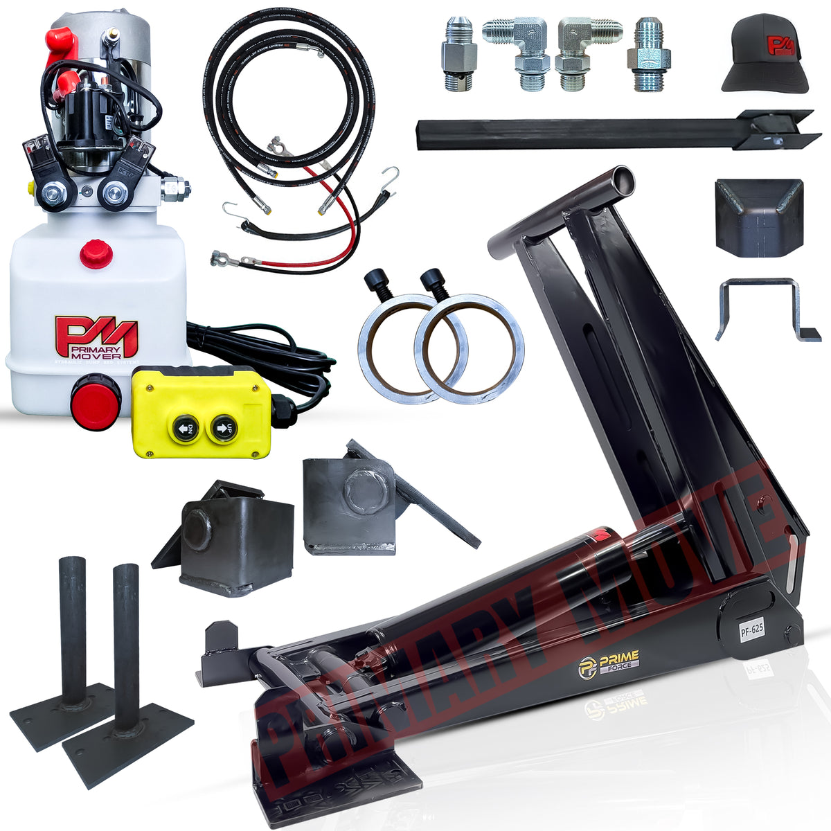 12 Ton HD Hydraulic Scissor Hoist Kit PF-625, featuring durable metal components, hydraulic hoses, mounting brackets, and heavy-duty hinges for 16-20' dump trailers.