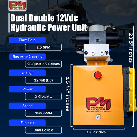 Compact and powerful Dual Double-Acting Hydraulic Power Unit from Primary Mover, ideal for dump trailers and trucks. Enables four hydraulic actions simultaneously for versatile applications. Used for any truck or trailer application. 1/2 ton truck dump.