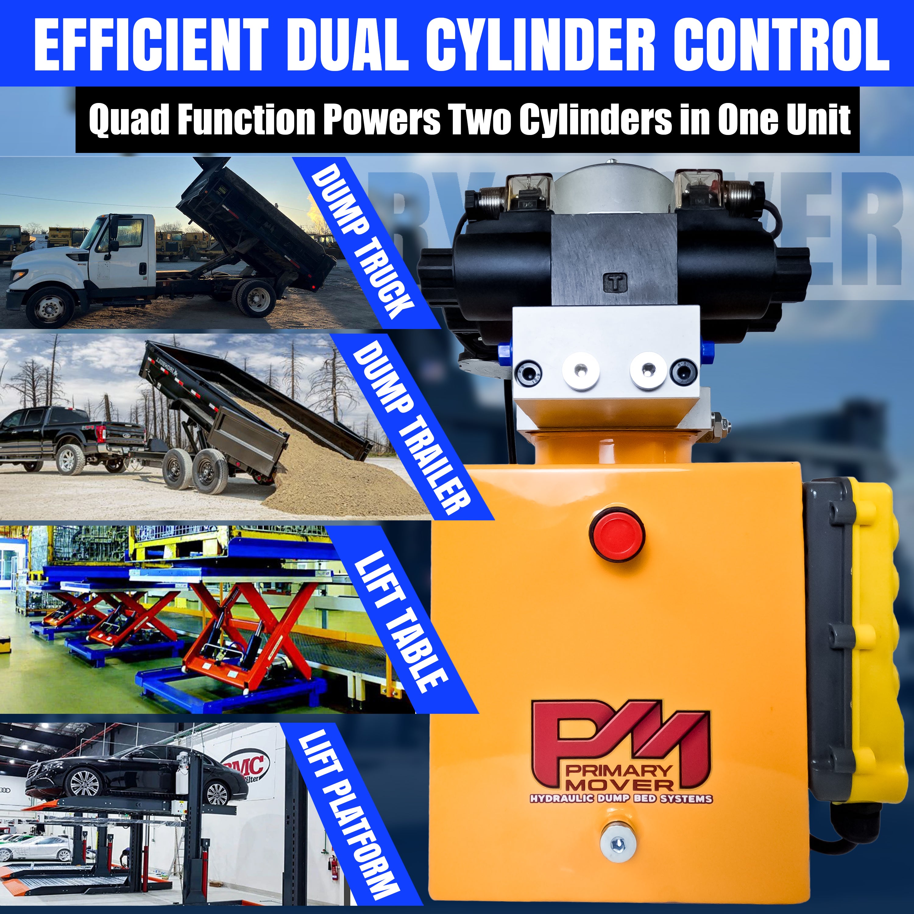 Primary Mover 12V Dual Double-Acting Hydraulic Power Unit: Compact, powerful steel unit for dump trailers and trucks, enabling four hydraulic actions simultaneously. Used for any truck or trailer application. 1/2 ton truck dump bed kit.