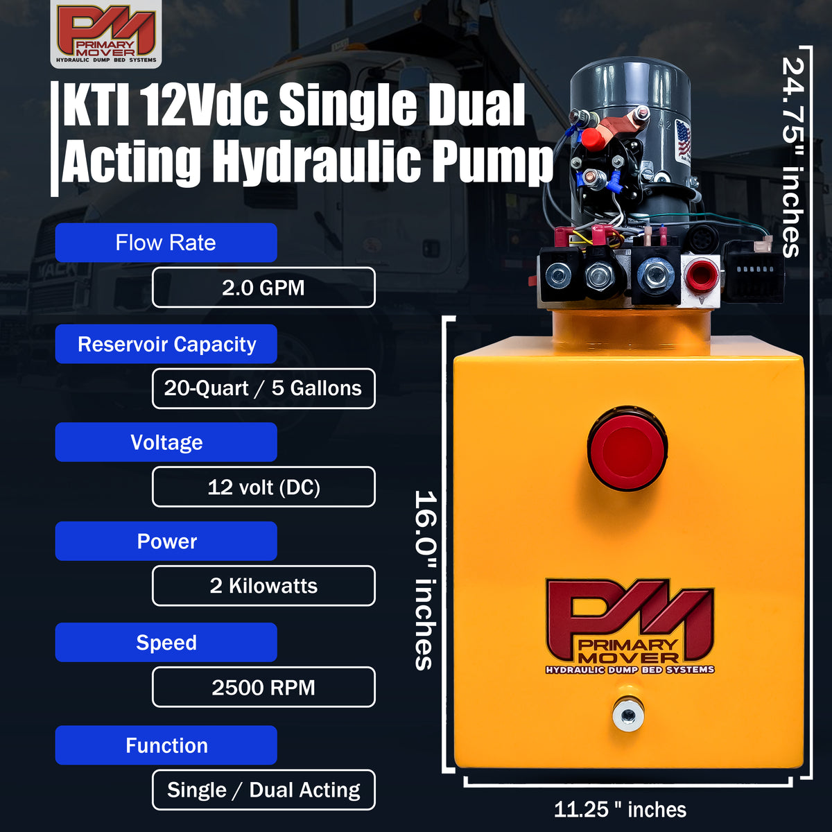 KTI 12Vdc Single/Double Hydraulic Power Unit, featuring a yellow machine with a red button, ideal for versatile hydraulic applications and efficient system integration.