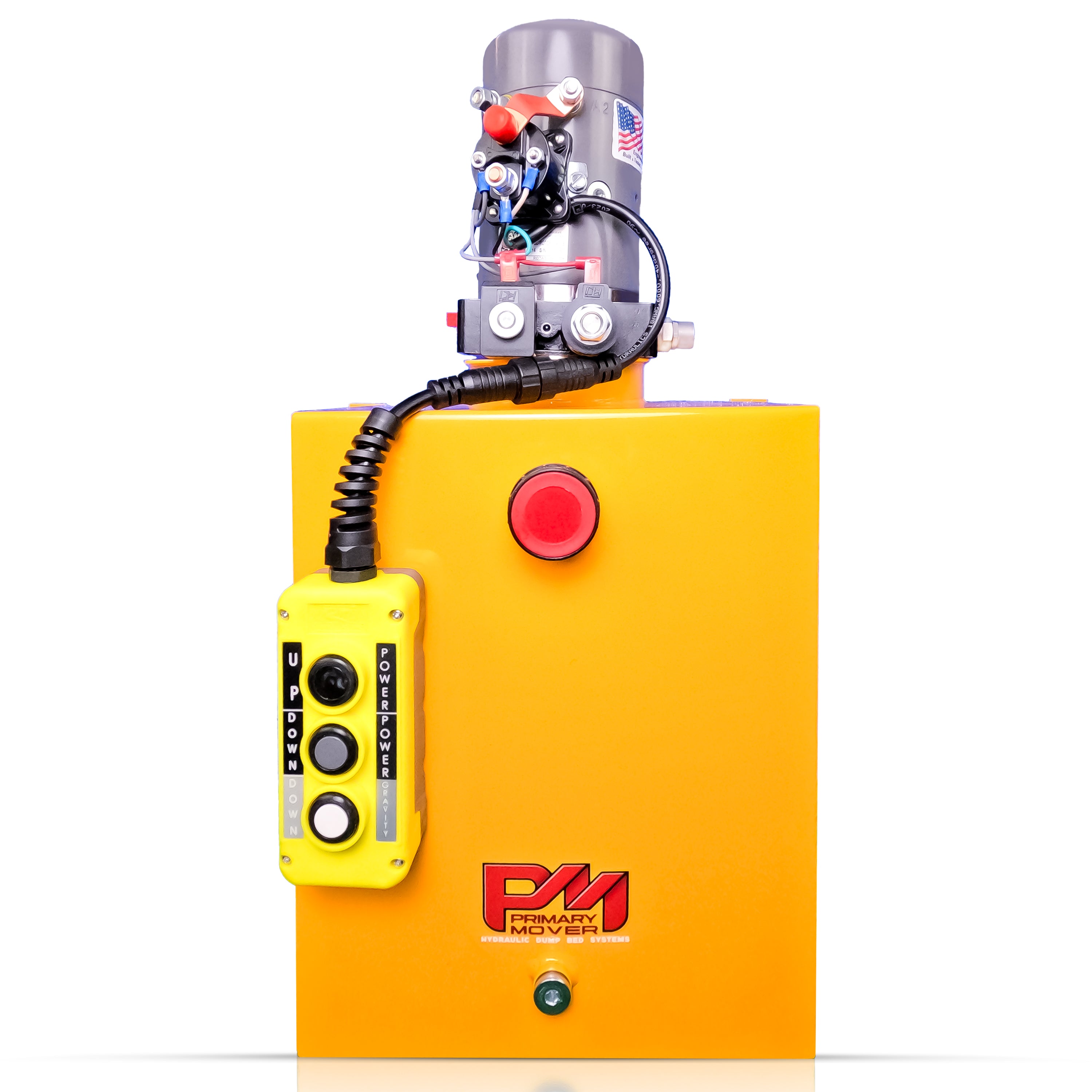 KTI 12V Double-Acting Hydraulic Pump with Steel Reservoir, featuring a compact yellow box, round cylinder, and control button, designed for efficient lifting and lowering.