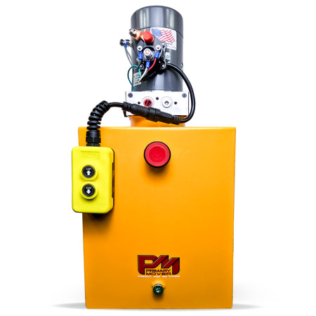 KTI 12V Single-Acting Hydraulic Pump - Steel Reservoir, featuring a compact yellow box with visible buttons and a red activation button for efficient dump bed operation.