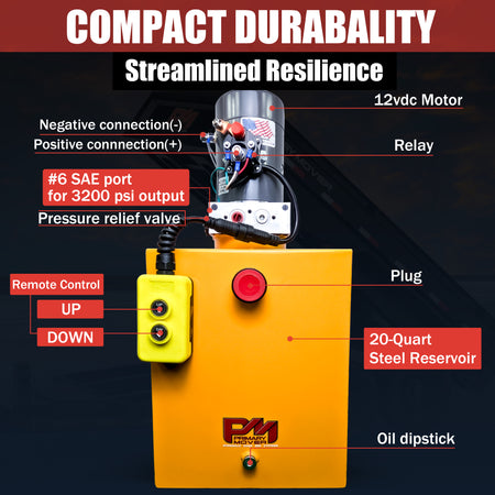 KTI 12V Single-Acting Hydraulic Pump - Steel Reservoir, featuring a yellow box with red buttons and a black cylinder, optimized for hydraulic dump bed systems.