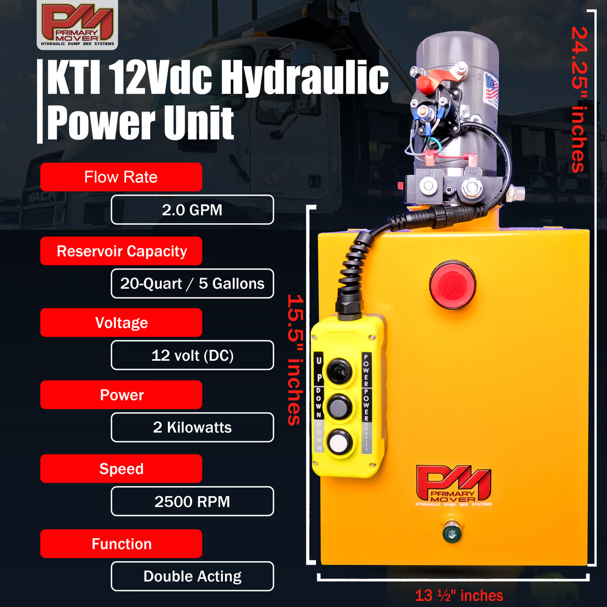 KTI 12V Double-Acting Hydraulic Pump with Steel Reservoir, featuring a red button and switch, ideal for efficient hydraulic dump bed systems and heavy-duty applications.