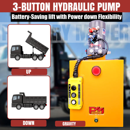KTI 12V Double-Acting Hydraulic Pump with steel reservoir, compact design, and user-friendly controls, shown alongside a black dump truck model for visualization.
