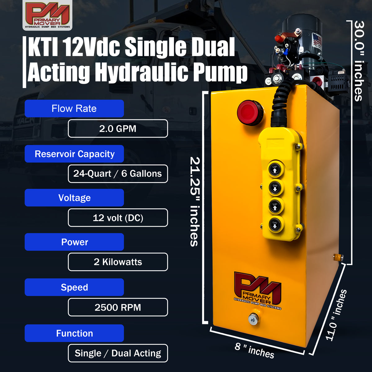 KTI 12Vdc Single/Double Hydraulic Power Unit with yellow casing, buttons, and visible logos, designed for versatile hydraulic applications and efficient performance.