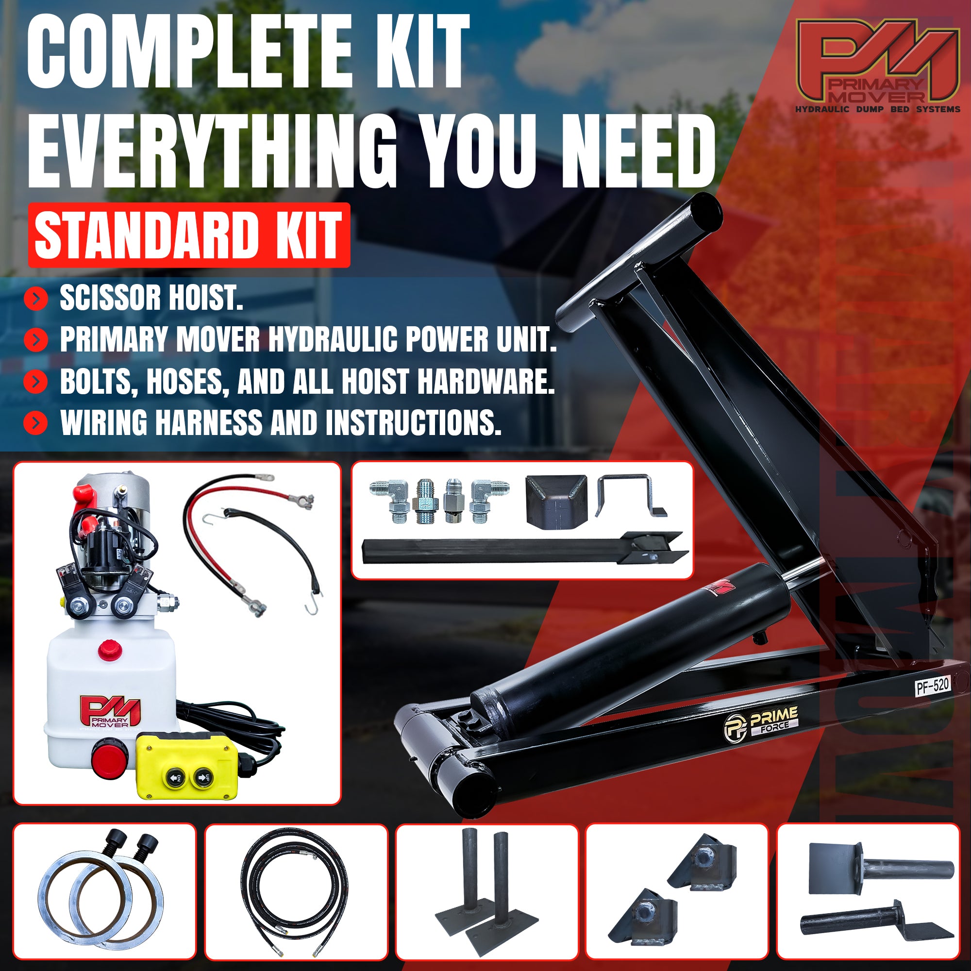 10 Ton Hydraulic Scissor Hoist Kit PF-520 for 12-16' dump body, featuring a black hydraulic lift with components like a cylinder, handle, and cables.