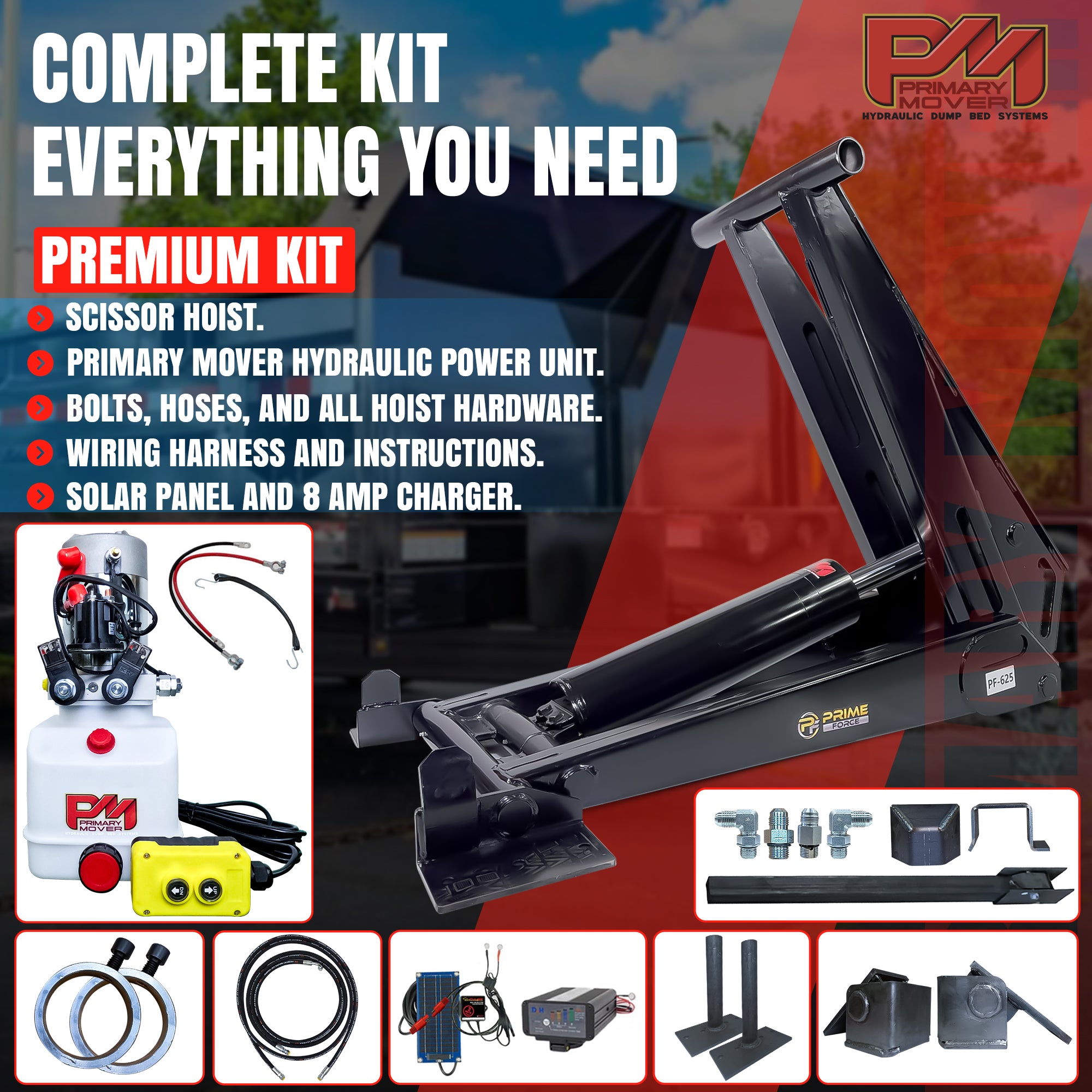 12 Ton HD Hydraulic Scissor Hoist Kit PF-625, shown in a detailed poster, highlights its robust design for heavy-duty dump trailers, emphasizing durability and extended stroke.