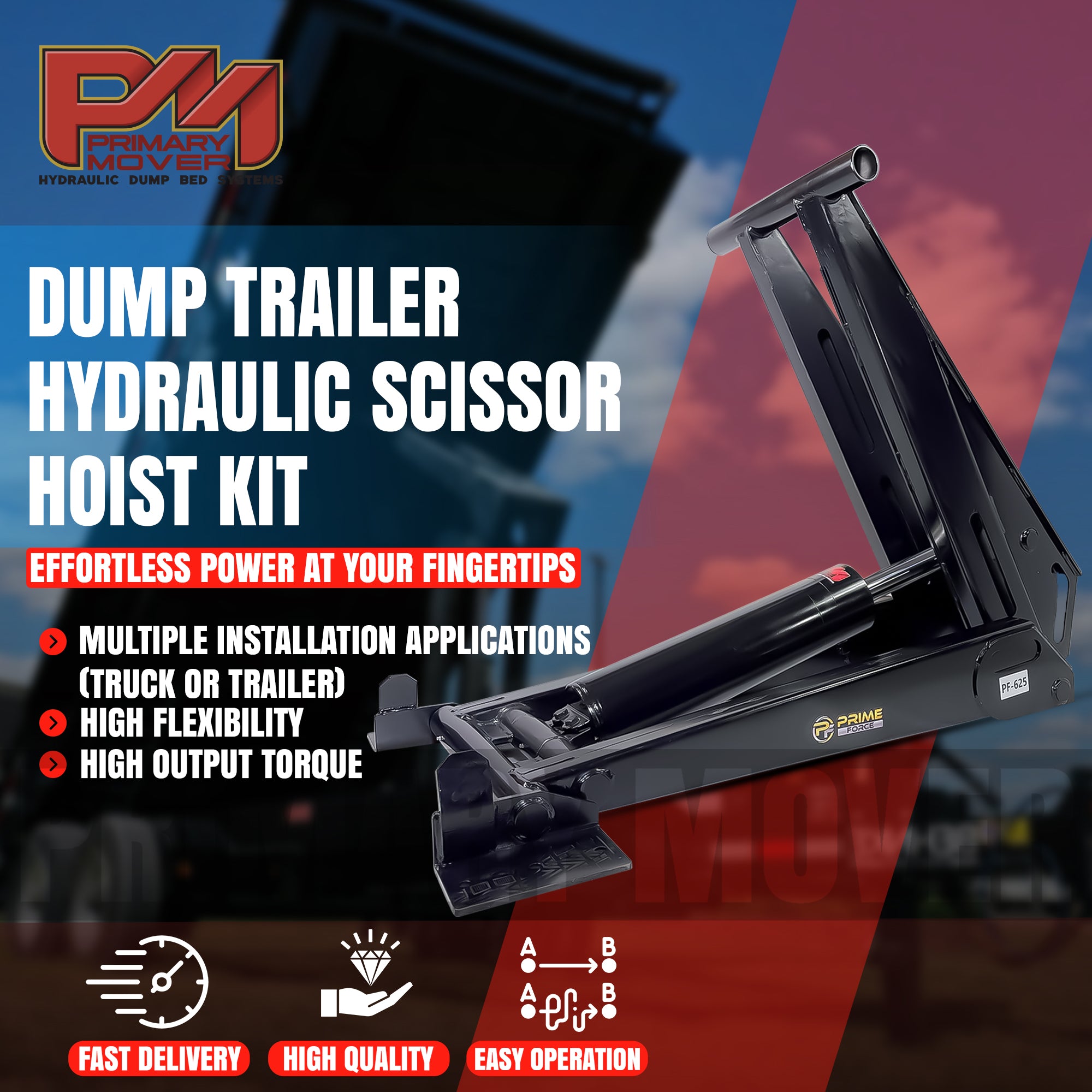 12 Ton HD Hydraulic Scissor Hoist Kit PF-625, featuring a robust black metal frame, ideal for 16-20' dump trailers, with enhanced durability and stability.