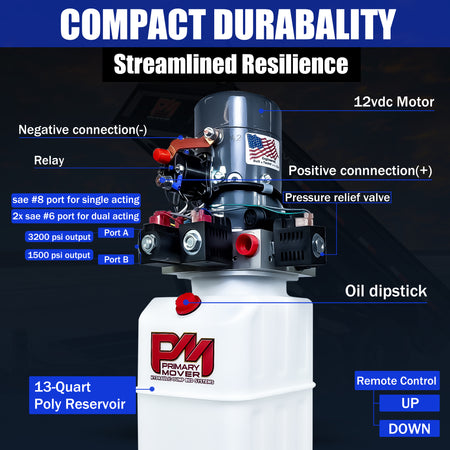 KTI 12vdc Single/Double Hydraulic Power Unit: Close-up of a white and black machine with blue text, designed for versatile hydraulic applications in dump trailers.