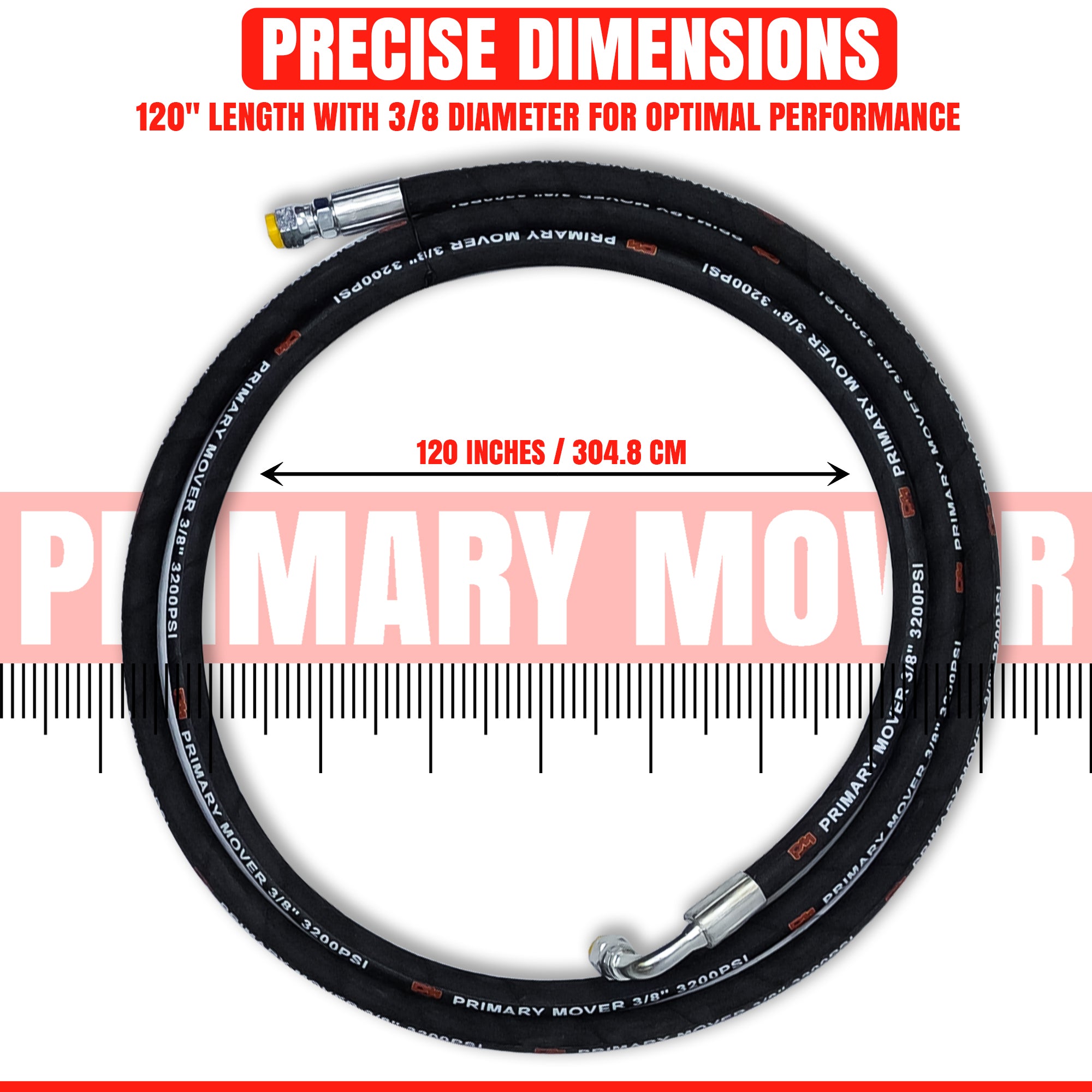 Double Acting Pump 3/8 Hose Kit with measuring tape, showcasing hose fittings, including straight and 90-degree ends, for hydraulic power units.