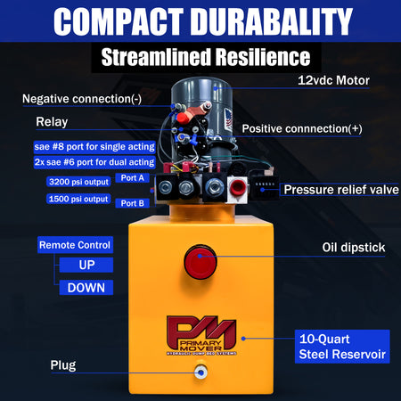 KTI 12Vdc Single/Double Hydraulic Power Unit with black and red buttons, designed for versatile hydraulic applications in dump trailers.