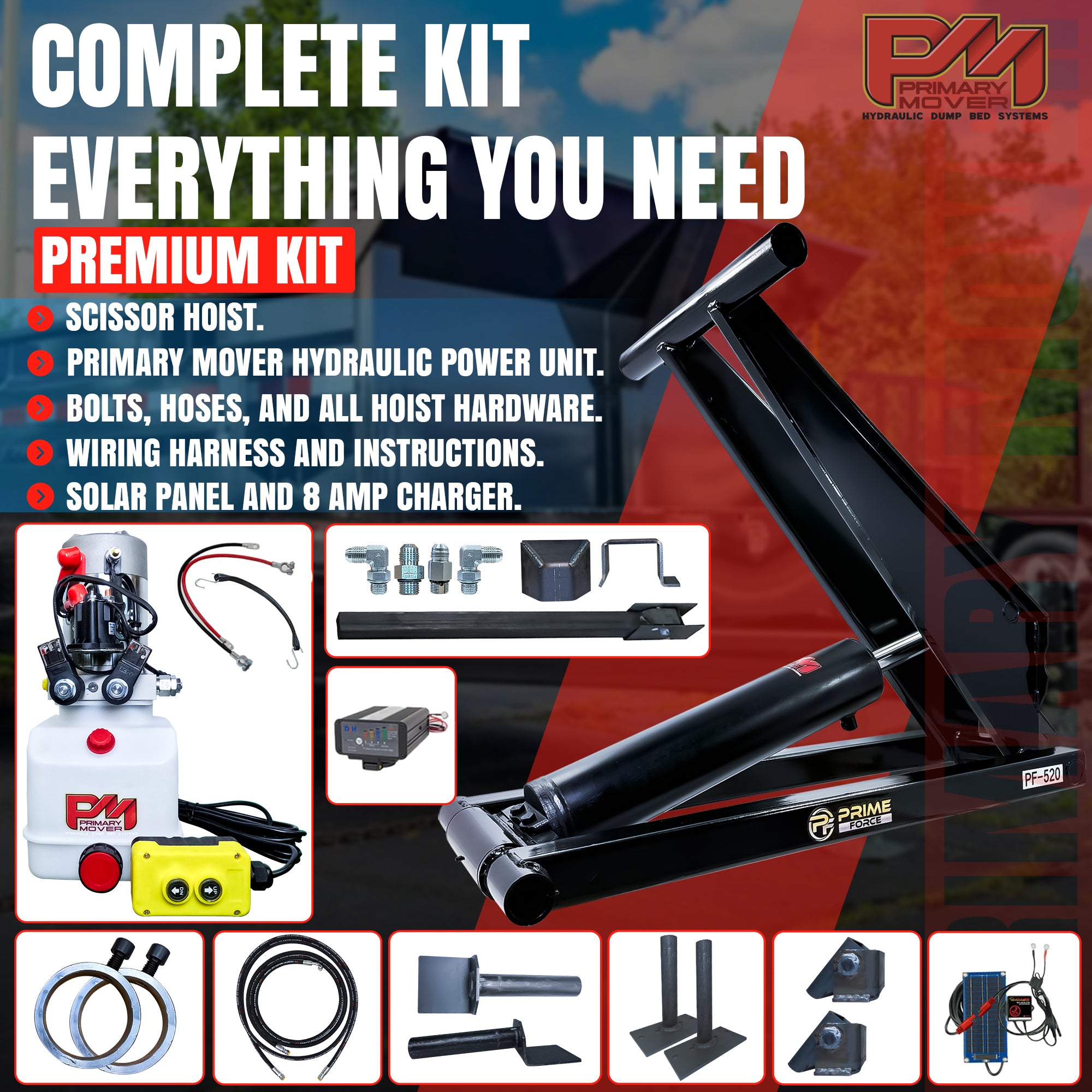 10 Ton Hydraulic Scissor Hoist Kit PF-520 poster featuring mechanical tool imagery, highlighting its components for 12-16' dump body use.