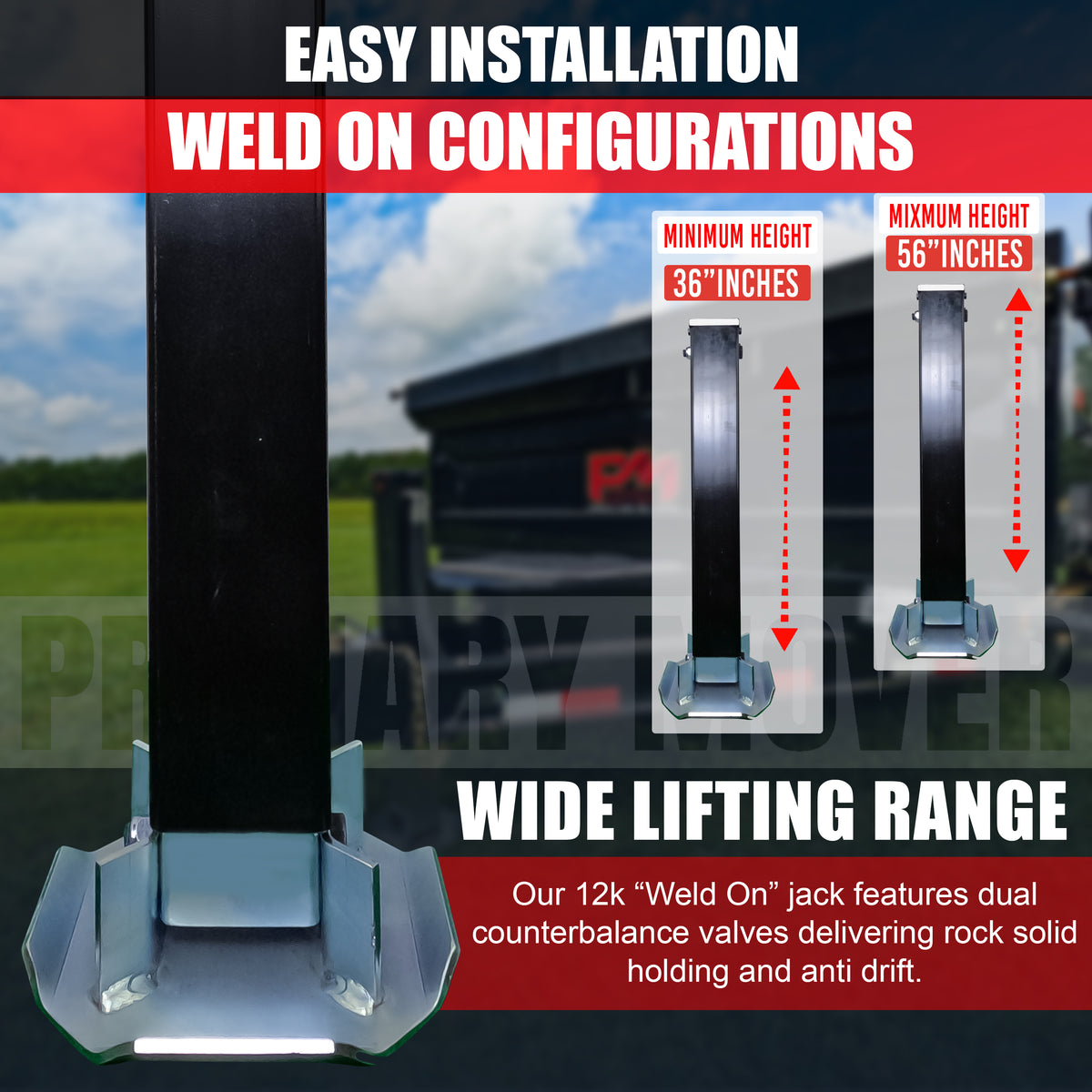 12k Single Hydraulic Trailer Jack Add-On Kit Weld On or Bolt On featuring a robust metal pole, hydraulic system, and load holding valve for secure, efficient trailer lifting.