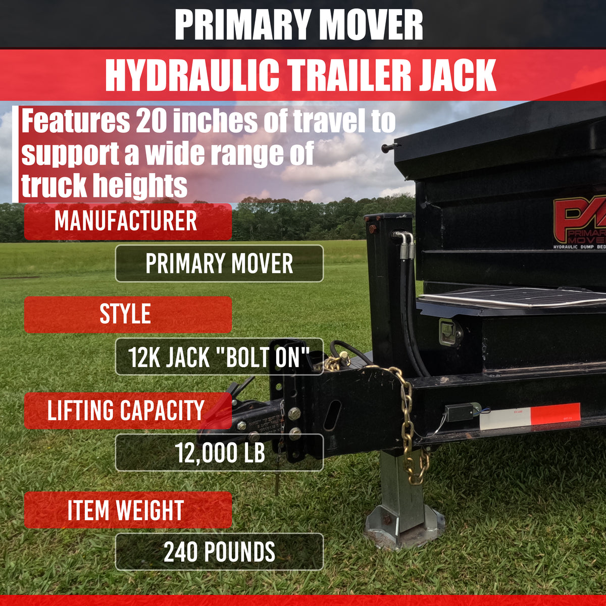 12k Single Hydraulic Trailer Jack Add-On Kit Weld On or Bolt On showing robust design with hydraulic system, load holding valve, and zinc-plated components for durability.