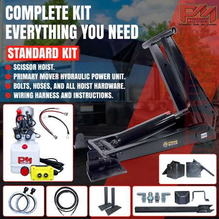 14 Ton HD Hydraulic Scissor Hoist Kit PF-630, featuring a robust black hydraulic tool with red and white text, suitable for 18-24' dump bodies.