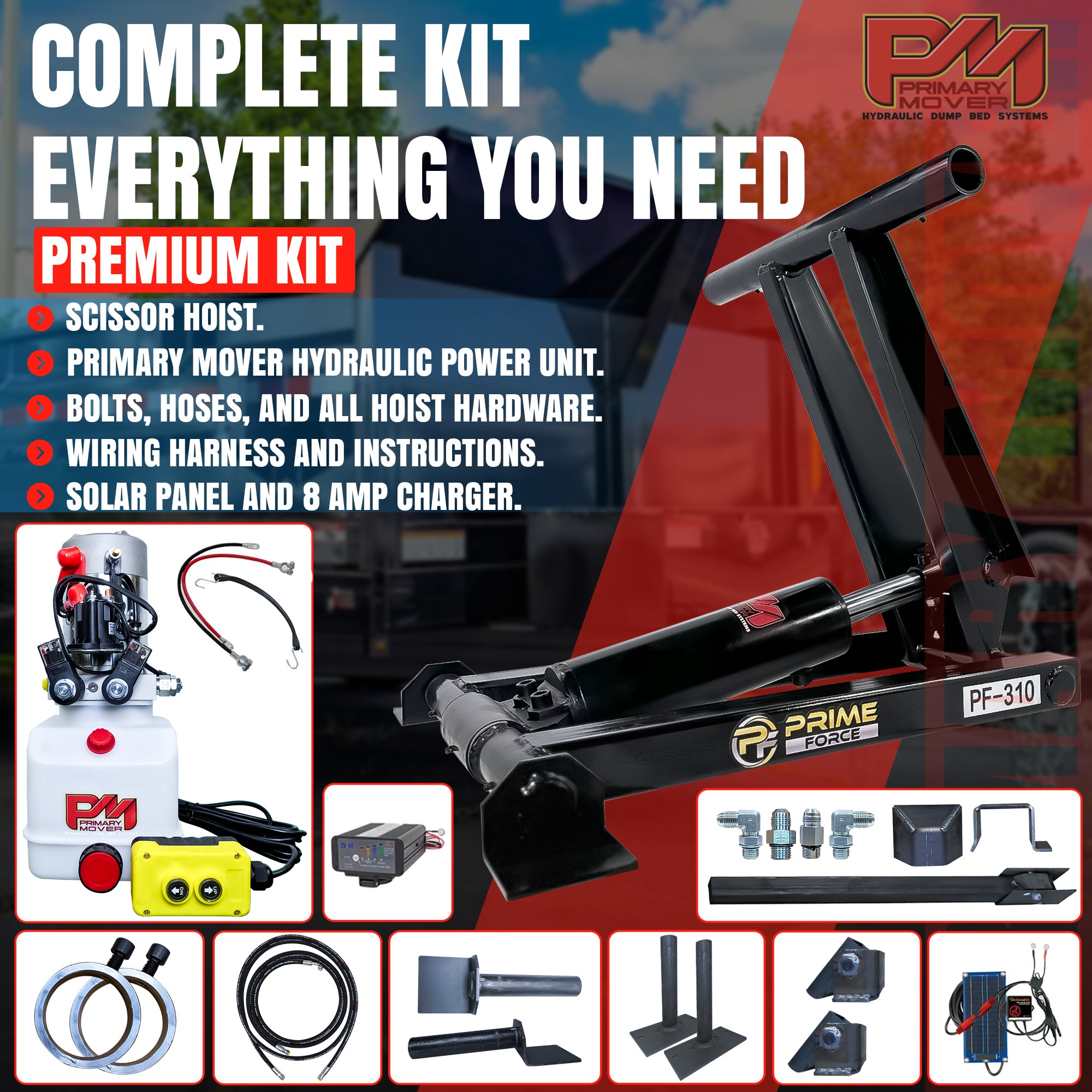 3 Ton Hydraulic Scissor Hoist Kit - PF-310, featuring a robust black machine with visible metal parts and cables, designed for 8-10' dump bodies.