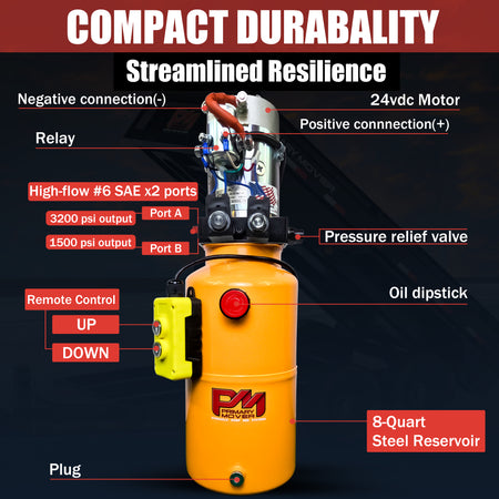 KTI 24Vdc Double Acting Hydraulic Power Unit with a Steel Reservoir, featuring a control panel with a red button and various operational signs.