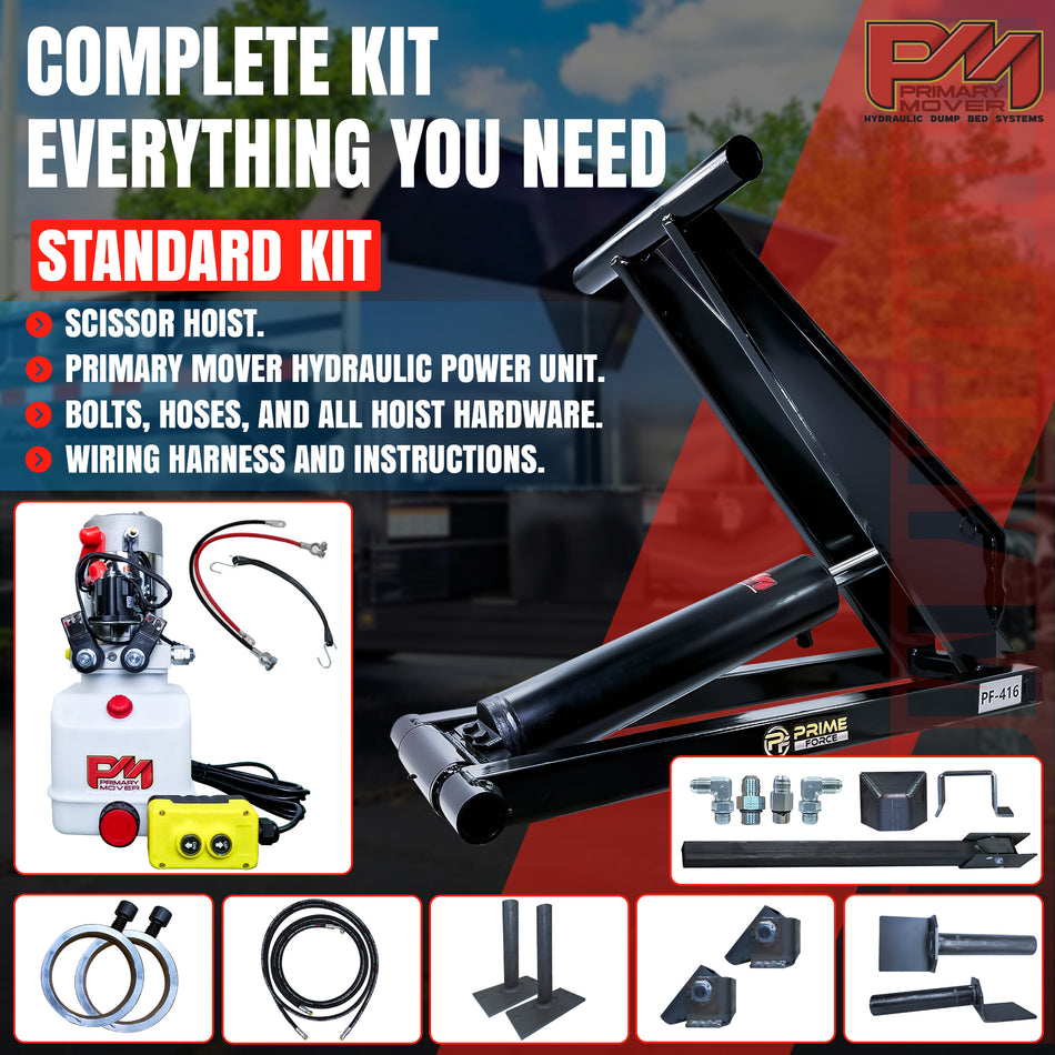 6 Ton Hydraulic Scissor Hoist Kit PF-416 for 10-14' dump bodies, showcasing black cylinder, handle, hoses, and safety components for heavy-duty lifting.