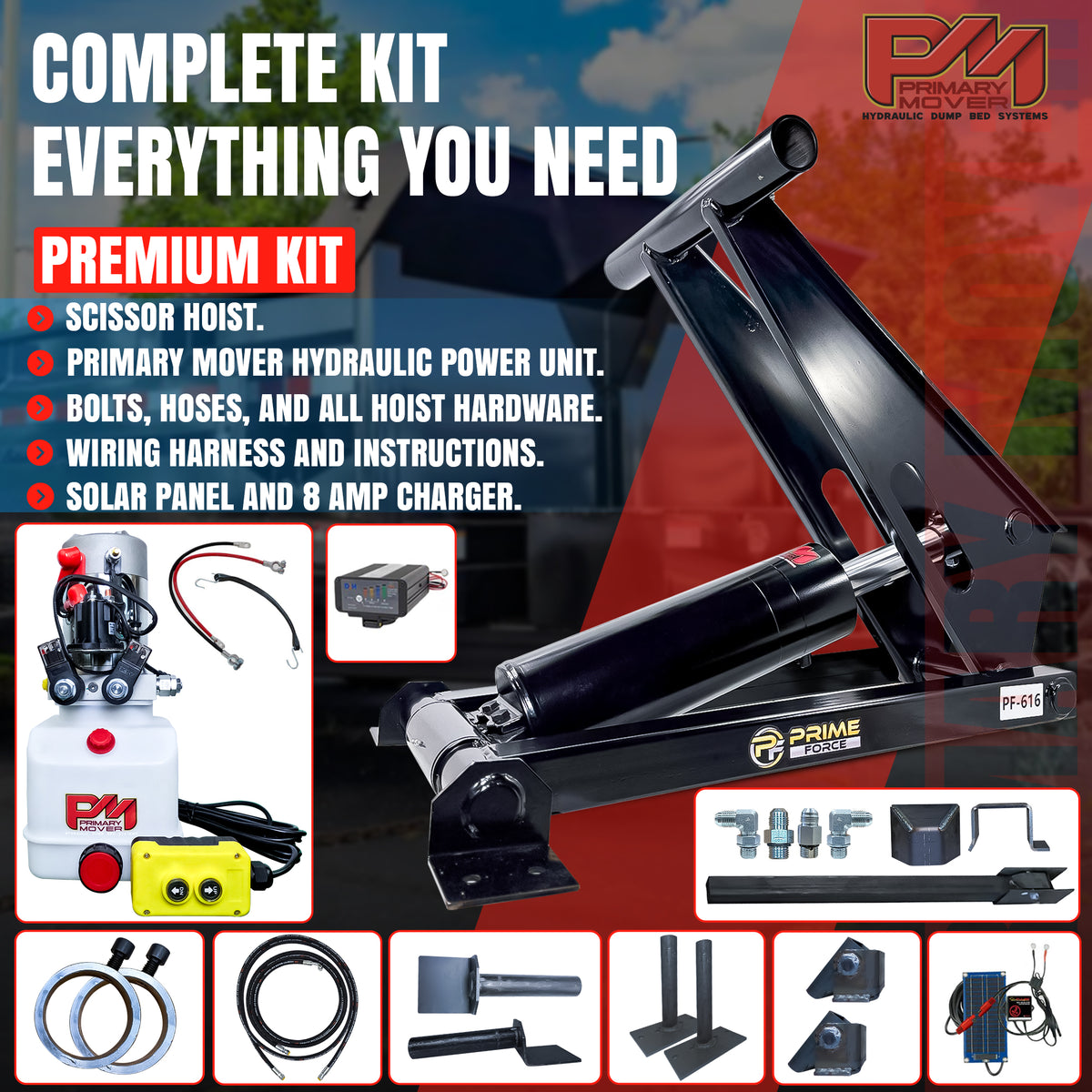 11 Ton Hydraulic Scissor Hoist Kit PF-616-6 for 12-16' dump bodies, featuring a robust cylinder and HD hinges for enhanced lifting capacity.