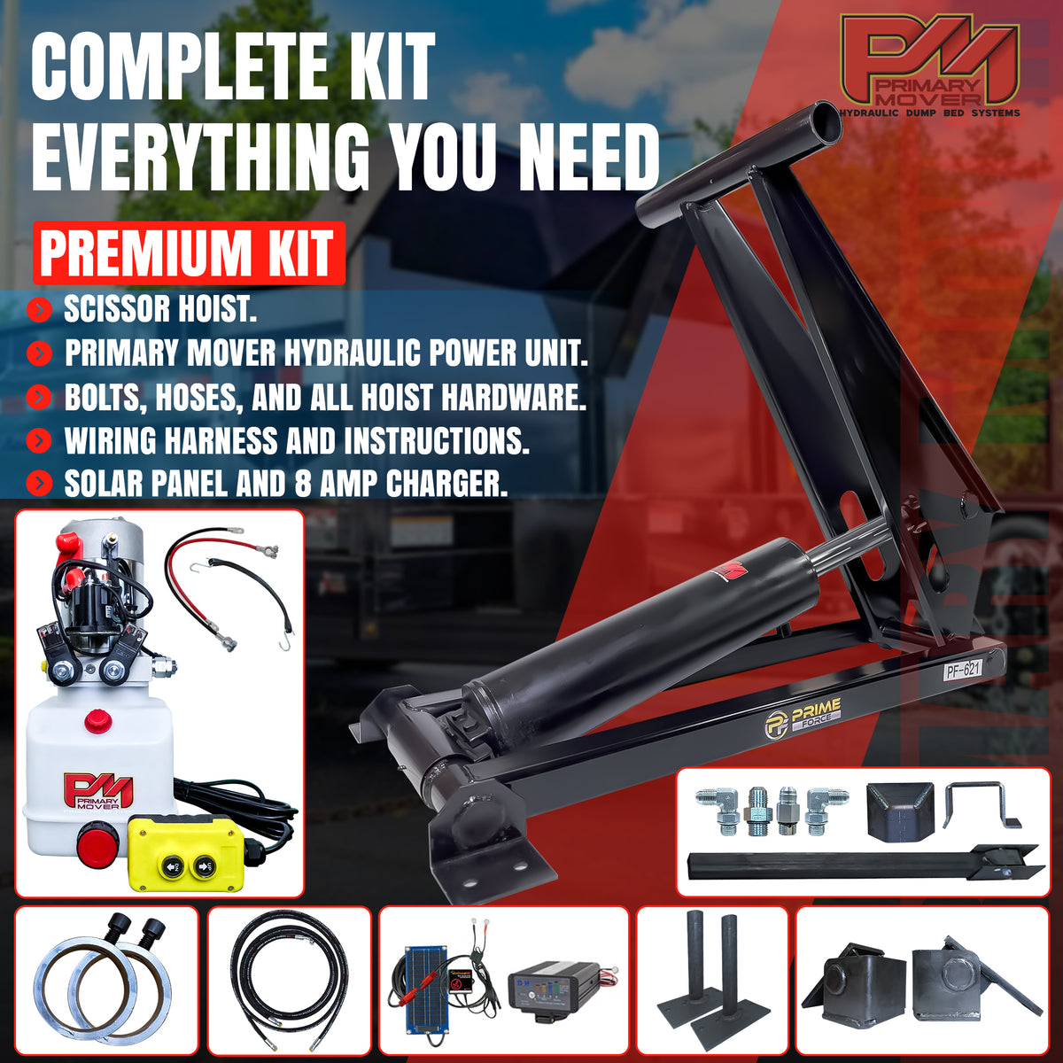 12 Ton Hydraulic Scissor Hoist Kit PF-621-6, featuring a robust cylinder and hydraulic components, ideal for 16-20' dump trailers, displayed with metal parts and hydraulic tool.