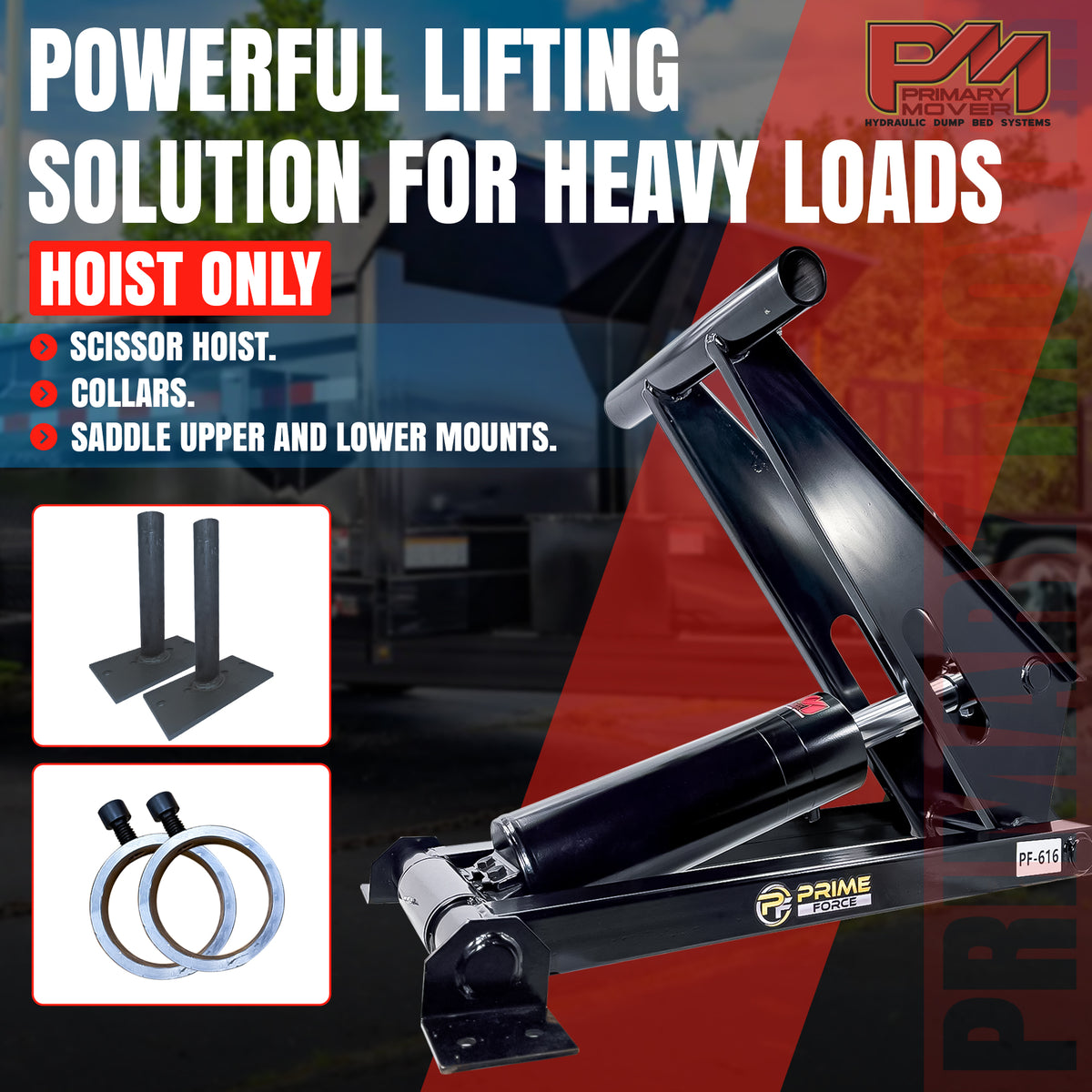 11 Ton Hydraulic Scissor Hoist Kit PF-616-6 featuring a black metal lifter, 6.5 cylinder, and HD hinges, designed for 12-16' dump trailers.